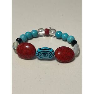 Turquoise Blue Bronze Handmade Glass Bracelet Stretchy Mixed Media